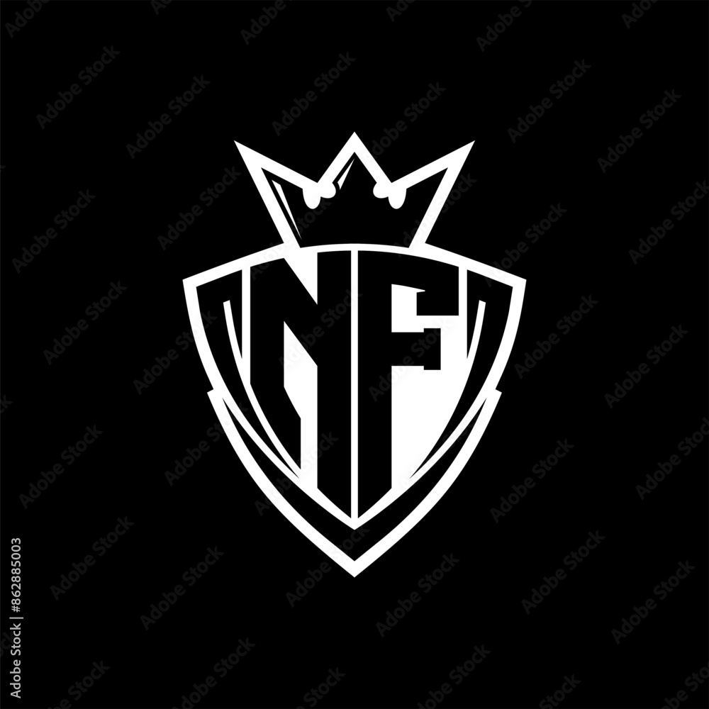NF Letter logo with sharp triangle shield shape with crown inside white outline on black background template design NF Letter logo with sharp triangle shield shape with crown inside white outline on black background template design