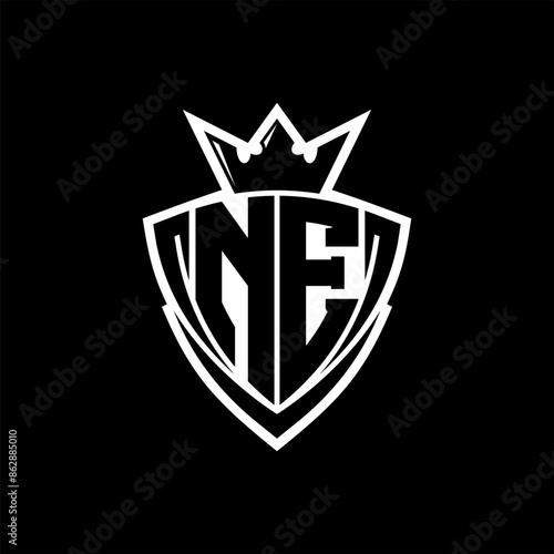 NE Letter logo with sharp triangle shield shape with crown inside white outline on black background template design