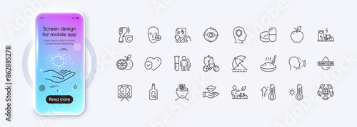 Eye target, Beach umbrella and Sun protection line icons for web app. Phone mockup gradient screen. Pack of Hand sanitizer, Porridge, Life insurance pictogram icons. Vector