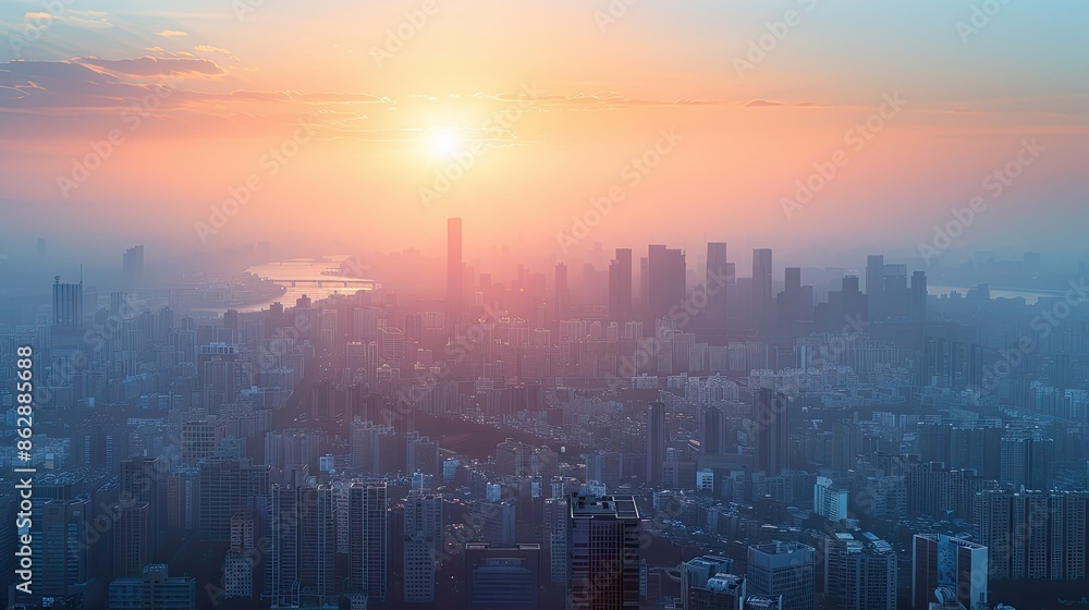 The sun rises over a prosperous cityscape with many buildings. with a soft orange horizon gradually Changed to a bright blue morning sky The sun rises over a prosperous cityscape with many buildings. with a soft orange horizon gradually Changed to a bright blue morning sky