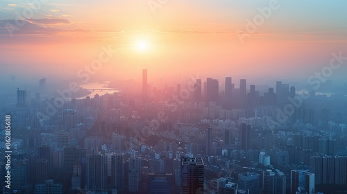 Wallpaper Mural The sun rises over a prosperous cityscape with many buildings. with a soft orange horizon gradually Changed to a bright blue morning sky Torontodigital.ca