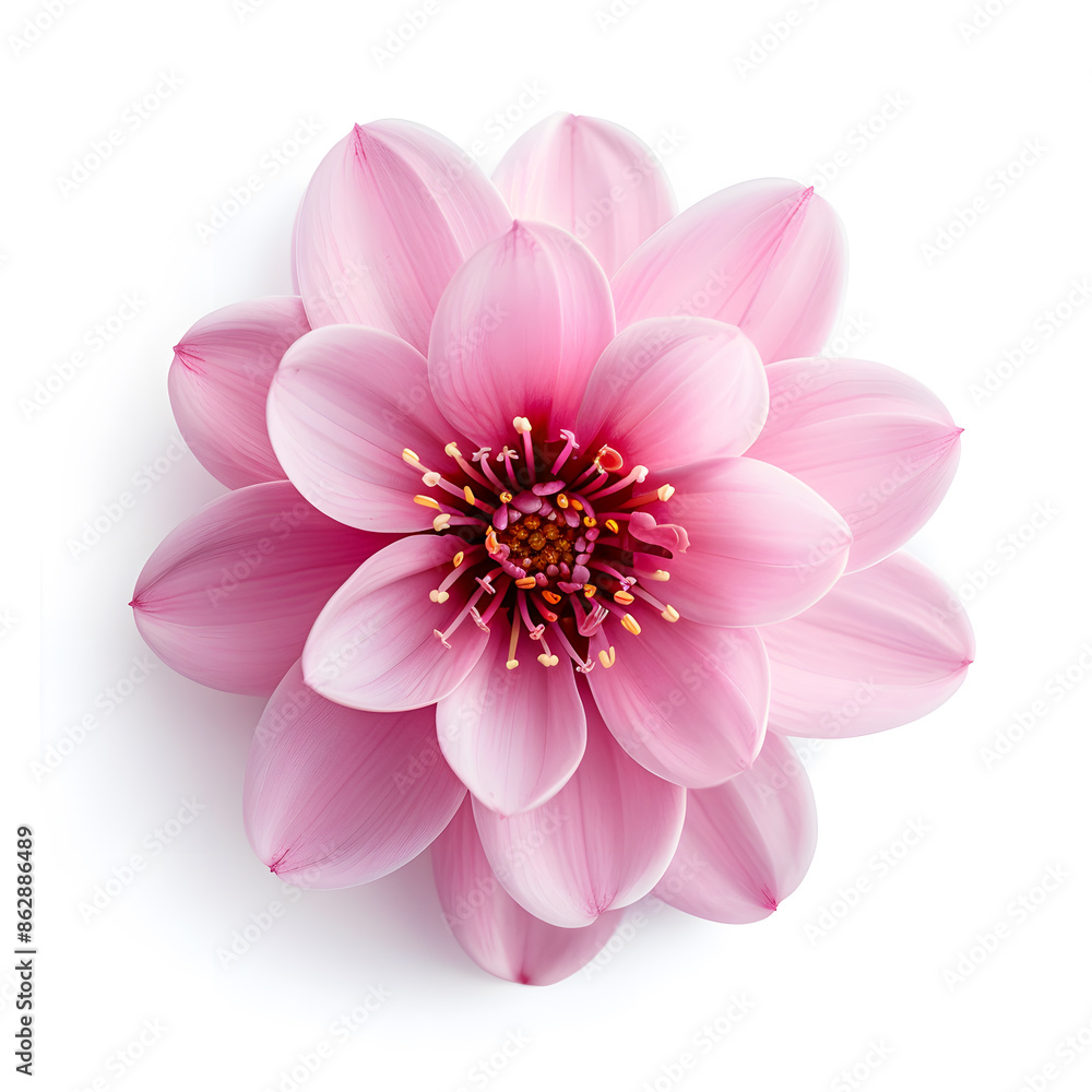Pink flower blossom top view on white background Pink flower blossom top view on white background