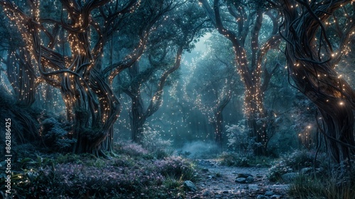 A magical enchanted forest with mystical glowing trees and lights in a fantasy landscape photo