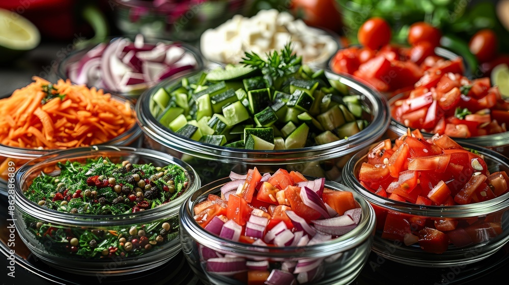 A Colorful Array of Freshly Chopped Vegetables in Glass Bowls for a Delicious and Healthy Meal. Generative AI A Colorful Array of Freshly Chopped Vegetables in Glass Bowls for a Delicious and Healthy Meal. Generative AI