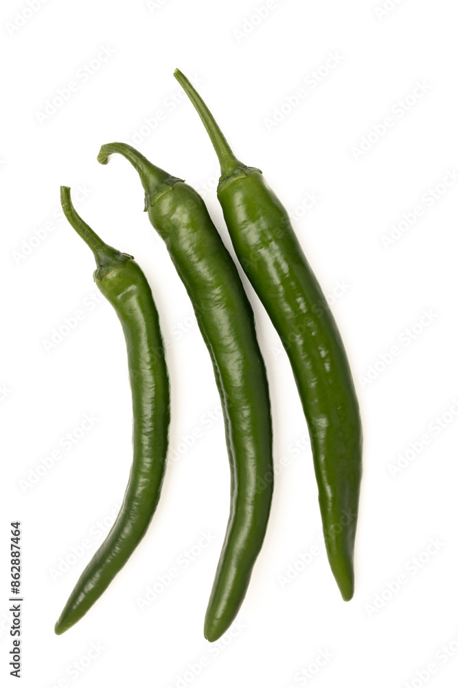 Three green hot chili peppers isolated on a white background Three green hot chili peppers isolated on a white background