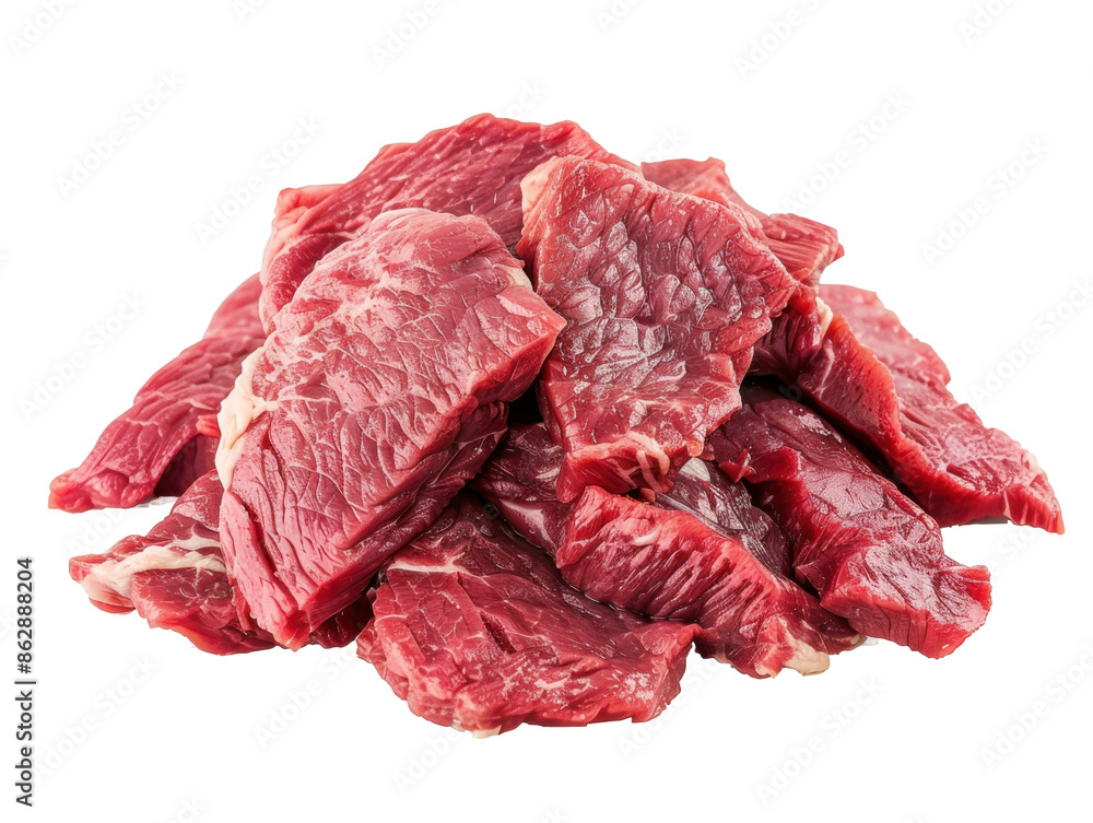 Fresh raw beef steak slices piled up, ready for cooking. High-quality red meat isolated on a white background. Fresh raw beef steak slices piled up, ready for cooking. High-quality red meat isolated on a white background.