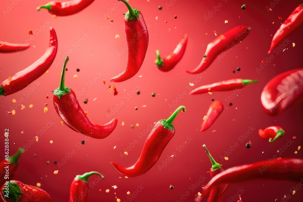 Red chili peppers suspended in air against a vibrant red background for a dynamic composition Red chili peppers suspended in air against a vibrant red background for a dynamic composition