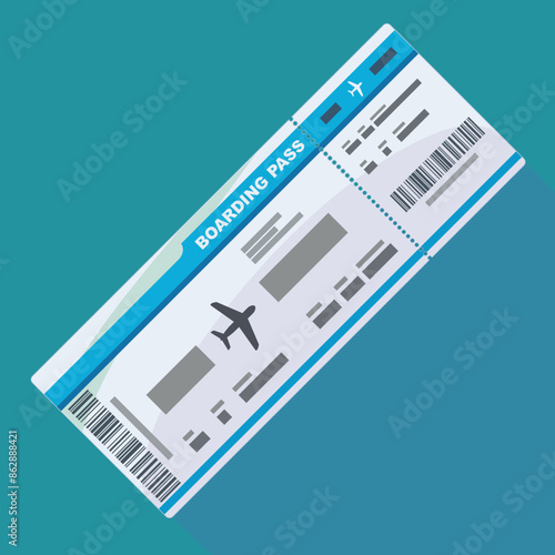 Boarding pass on blue background with long shadow in flat design style