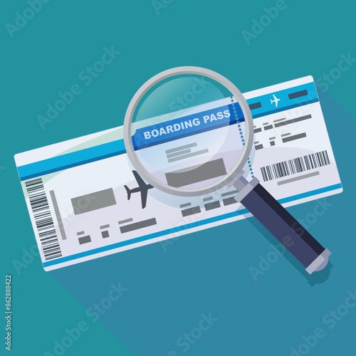 Boarding pass under magnifying glass (flat design)