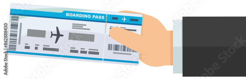 A hand presents a boarding pass in flat design style (cut out)