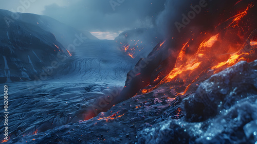 volcano lava flowing down mountain slopes, natural light, smoke,