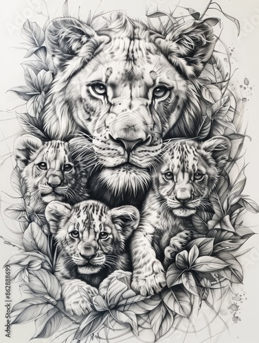Wallpaper Mural Lioness with lion cubs, image as a tattoo template Torontodigital.ca