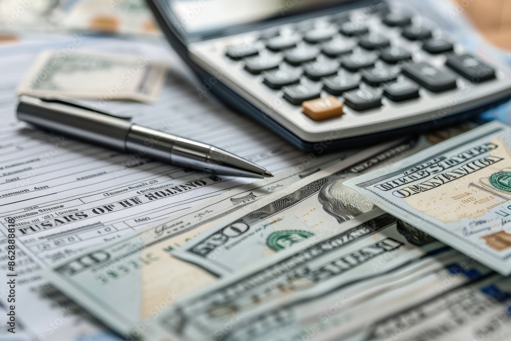 Tax forms with pen, calculator and money dollars Tax forms with pen, calculator and money dollars