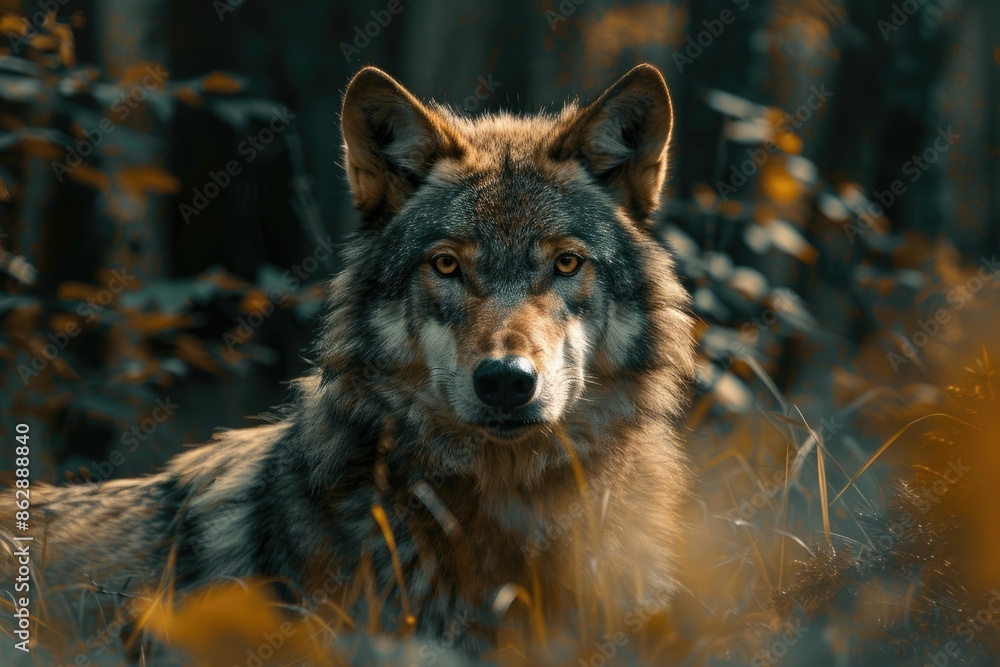 Majestic wolf standing in forest with autumn leaves Majestic wolf standing in forest with autumn leaves