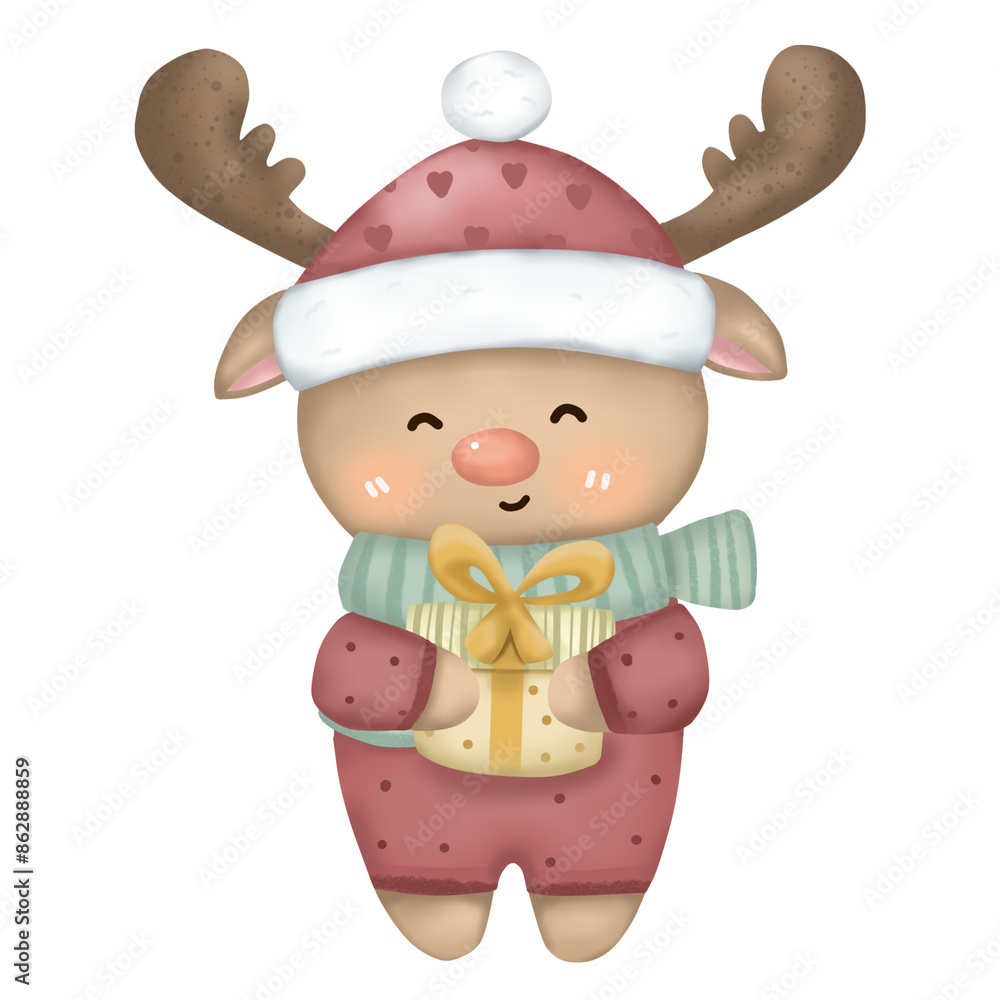 Cute reindeer cartoon character hugging a gift box on transparent background. Cute reindeer cartoon character hugging a gift box on transparent background.