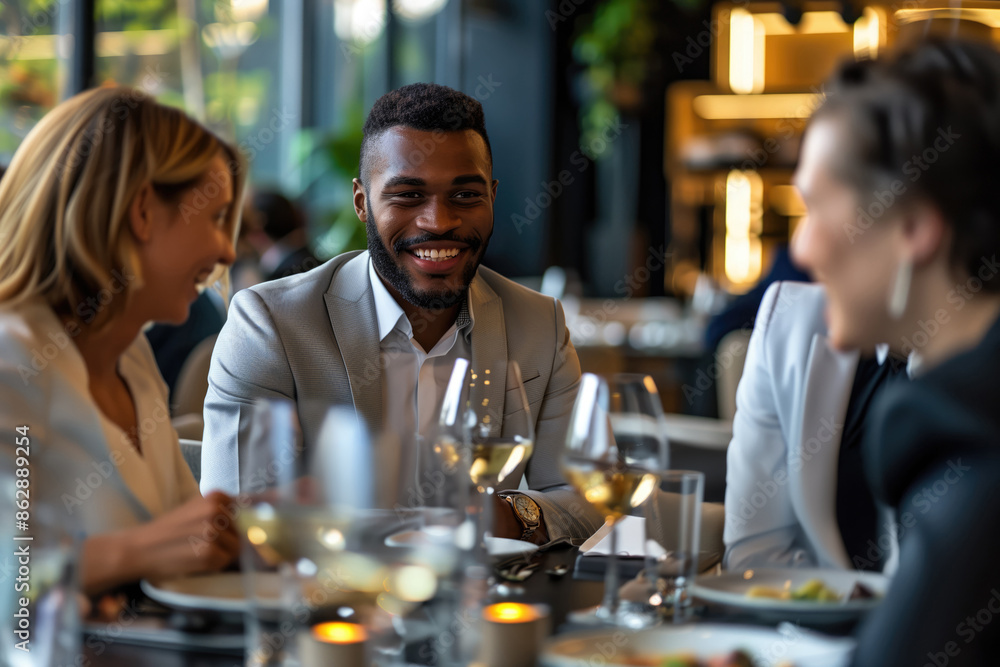 Diverse Businesspeople Having Dinner and Smiling at Restaurant Diverse Businesspeople Having Dinner and Smiling at Restaurant