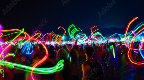 A festival scene where participants are waving glow sticks rhythmically to music captured in a time-lapse image creating waves of color across the crowd. photo