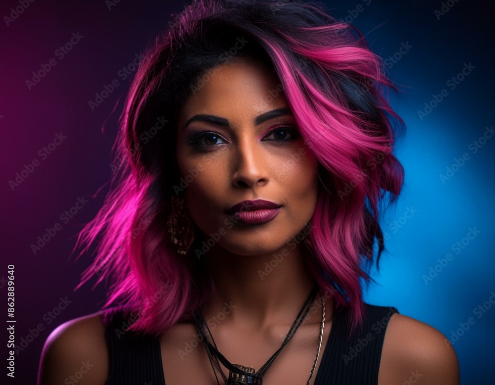 studio portrait of a beautiful model with purple hair on pink and blue background studio portrait of a beautiful model with purple hair on pink and blue background