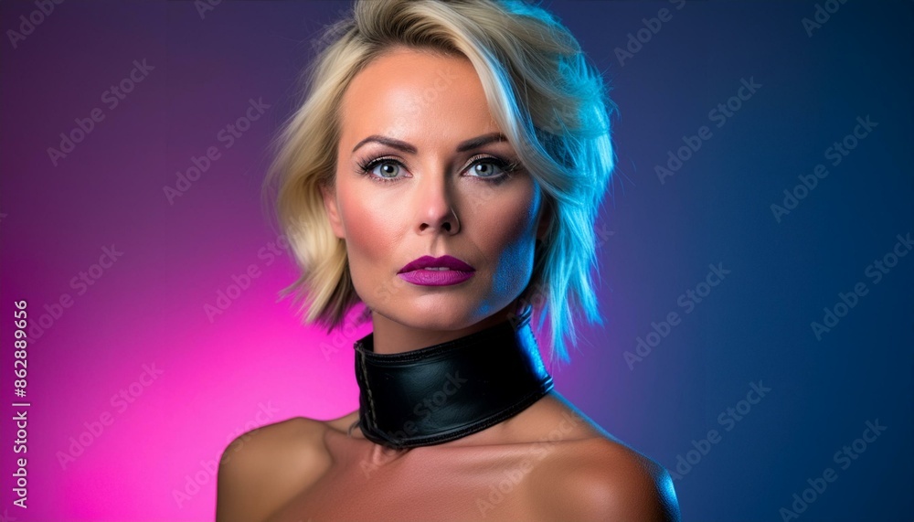 Naklejka premium studio portrait of a blonde short haired woman with nude shoulders wearing a black collar on pink and blue background