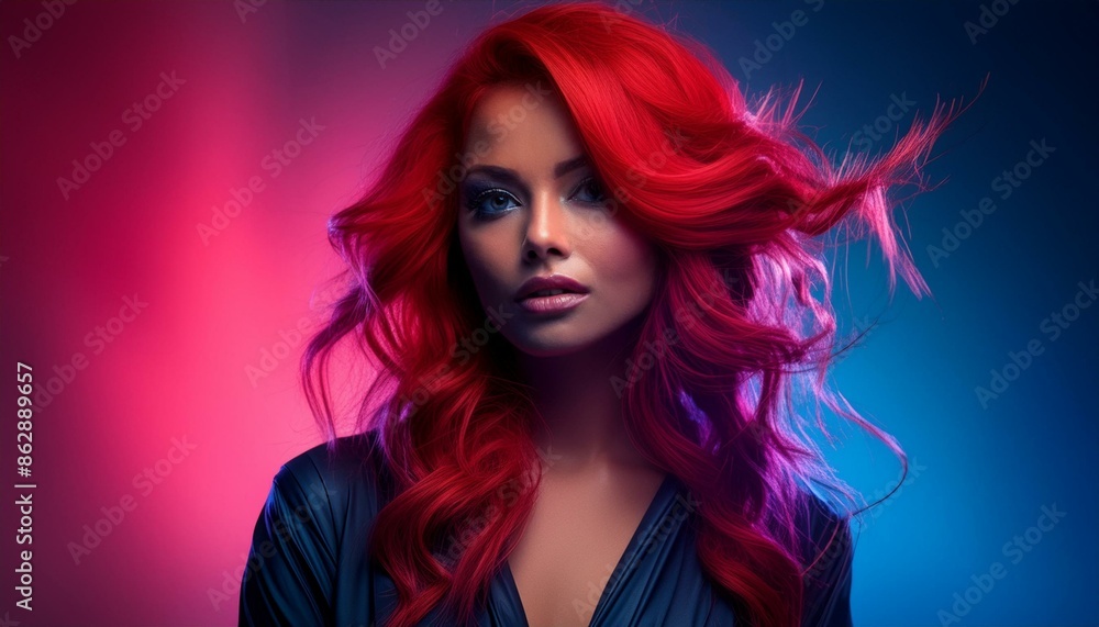 studio portrait of a beautiful model with red hair on pink and blue background studio portrait of a beautiful model with red hair on pink and blue background