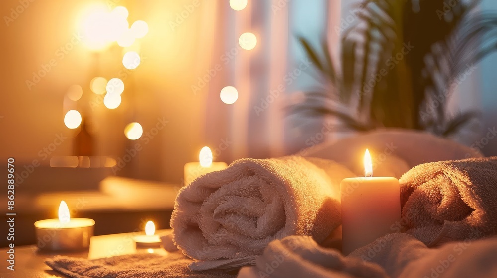 Relaxing Spa Setting with Candles and Towels Relaxing Spa Setting with Candles and Towels
