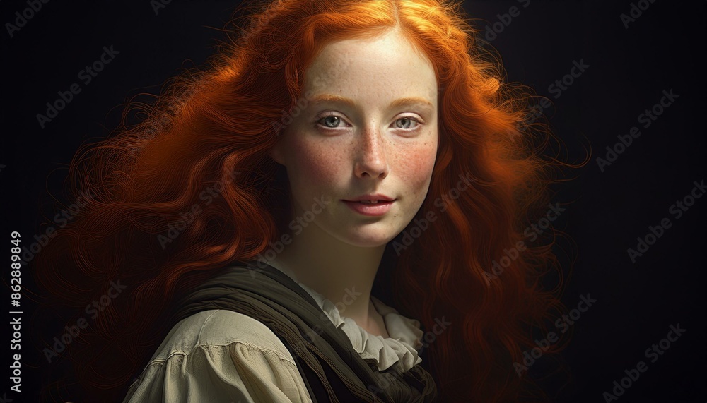 Fototapeta premium portrait of a woman with red long hair on a black background