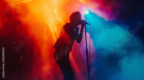 Silhouette of Rock Singer Performing with Colorful Lights - Generative AI