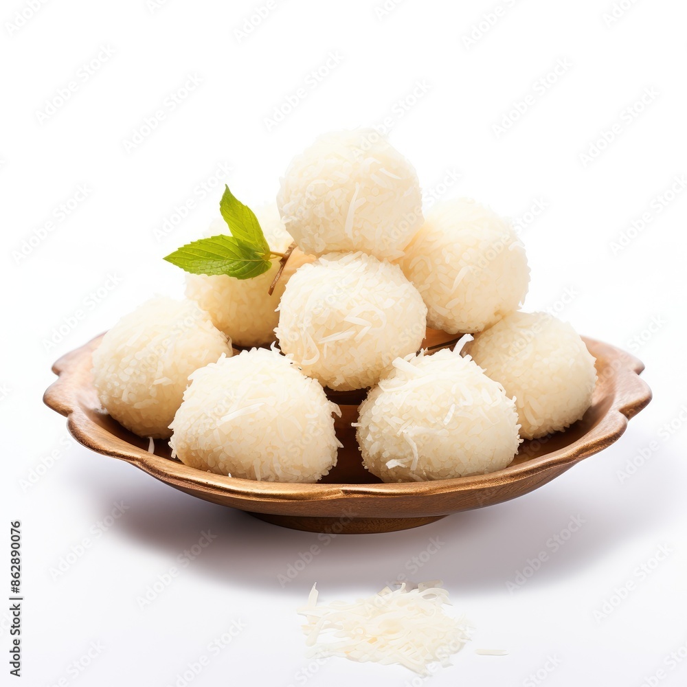 Delicious Coconut Ladoo Balls Arranged on a Wooden Plate Delicious Coconut Ladoo Balls Arranged on a Wooden Plate
