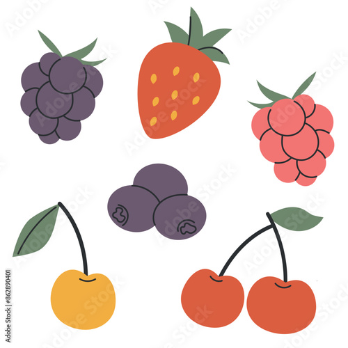 Set of summer berries, strawberries, cherries, cherries, blueberries, blueberries, raspberries, blackberries, organic vitamins and healthy food collection