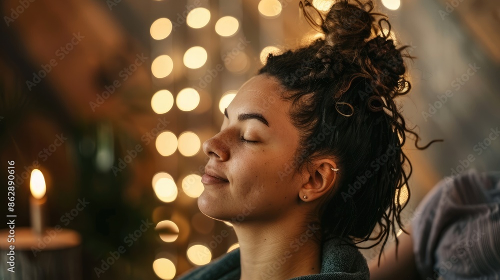 Woman with curly hair relaxing near candlelight and bokeh lights Woman with curly hair relaxing near candlelight and bokeh lights