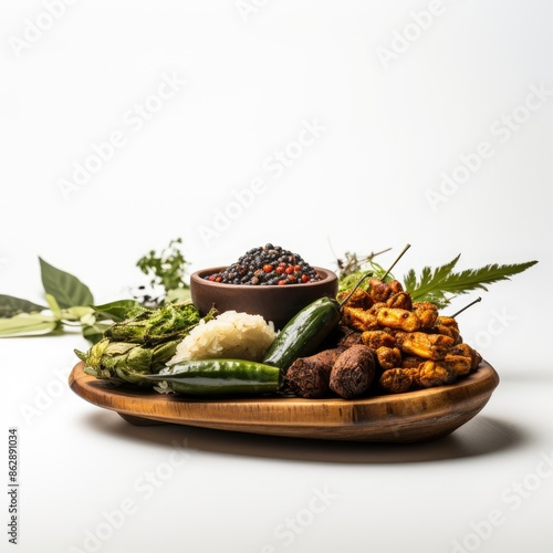 Traditional Assamese Delicacy Khar Displayed on Wooden Platter photo