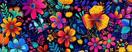 Psychedelic colorful floral pattern with vibrant flowers and butterflies against dark background