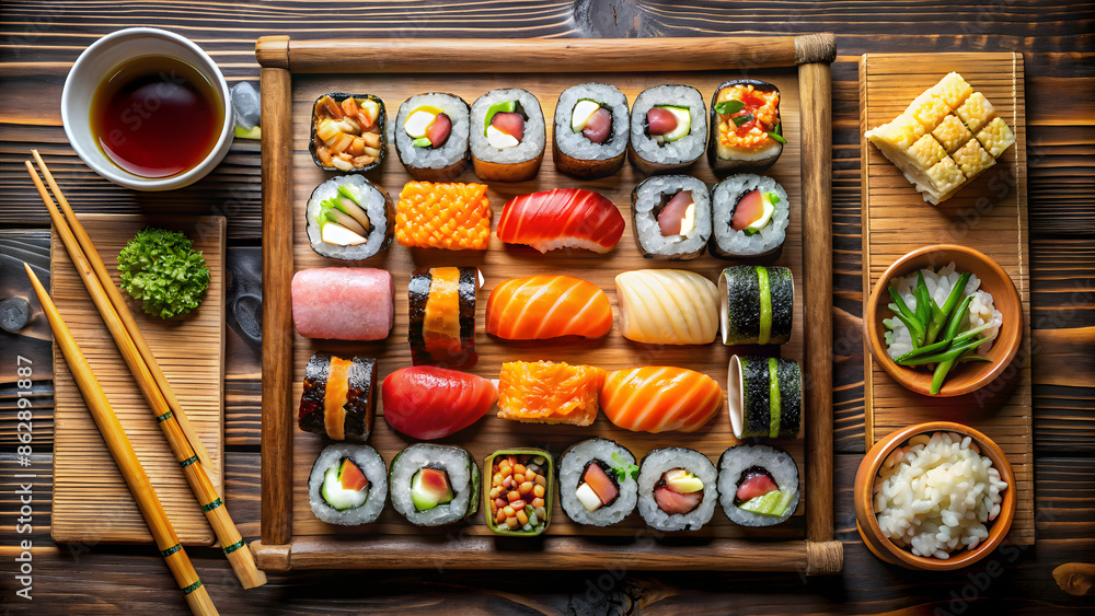 perfect sushi knolling color palette top view, delicious several pieces of sushi with sauces perfect sushi knolling color palette top view, delicious several pieces of sushi with sauces