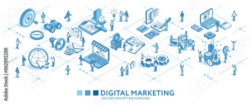 Digital marketing journey isometric seamless pattern. Line 3d icons, people characters, arrows. Develop, business infograph. Vector background teamwork concept illustration. Advertising strategy, seo