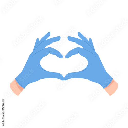 Doctors in nitrile gloves holding hands in love sign, fingers make heart vector illustration