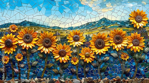 A stained glass mosaic depicting a sunflower field, vibrant yellow flowers, clear blue sky, detailed sunflower patterns, capturing the essence of a sunny day, intricate and cheerful, hd quality, natur