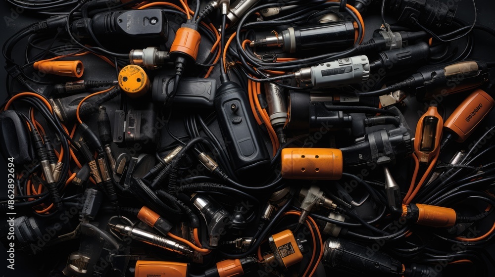 A tangled bundle of charging cables and adapters, emblematic of our increasingly device-dependent world. Concept of technological proliferation. A tangled bundle of charging cables and adapters, emblematic of our increasingly device-dependent world. Concept of technological proliferation.