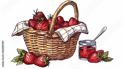 Picnic Basket With Strawberries And Jam Vector