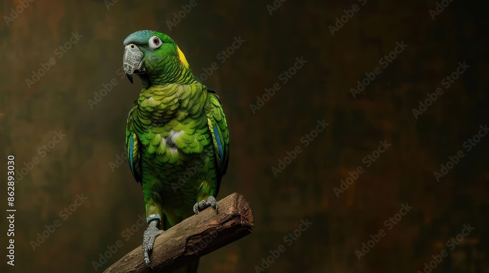 Obraz premium Portrait photography of Blue-fronted Amazon bird catch standing on wood stick , studio shot isolated on single color background ,editorial style, shoot by DSLR .