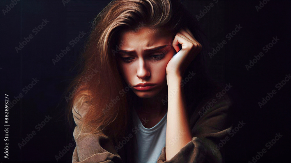 Sad unhappy young woman thinking about problem, difficulties, feeling failure and exhaustion, suffering from loneliness, grief, sadness and bad relationship or breakup. On a black background Sad unhappy young woman thinking about problem, difficulties, feeling failure and exhaustion, suffering from loneliness, grief, sadness and bad relationship or breakup. On a black background