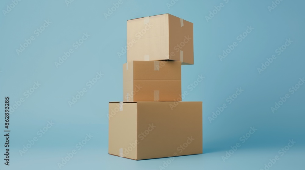 Three stacked cardboard boxes on a light blue background, symbolizing storage, moving, or shipping Three stacked cardboard boxes on a light blue background, symbolizing storage, moving, or shipping