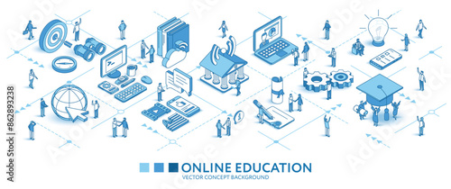 Online education isometric seamless pattern. Line 3d icons, people characters, arrow. Distance study, university, business infograph. Vector background teamwork concept illustration. Elearning journey