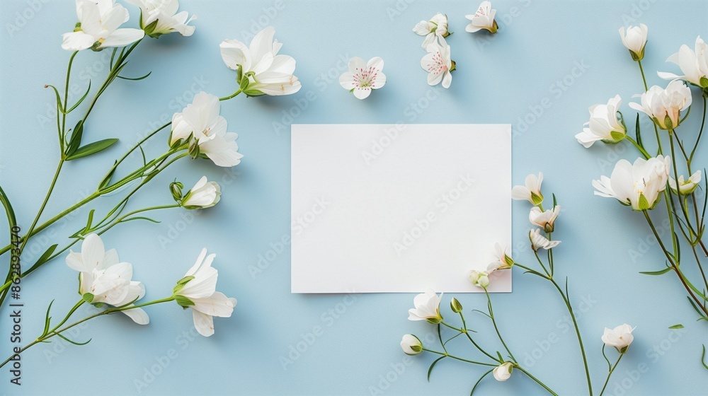 Fototapeta premium Creative floral arrangement with white blossoms around a blank space on a light blue background, perfect for spring invitations
