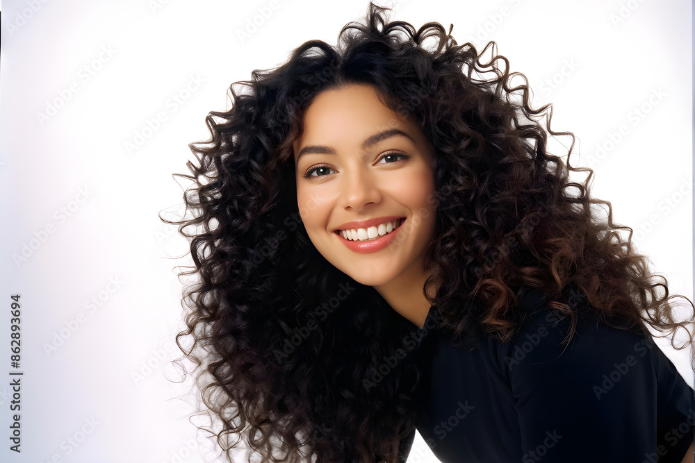 Close-up of beautiful young woman in studio. Female with curly hair smiling at camera Close-up of beautiful young woman in studio. Female with curly hair smiling at camera