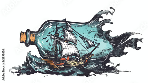 Pirate Ship In Bottle Vector Illustration Handdrawn 