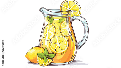 Pitcher of lemonade. Fresh fruit drink. Vector 
