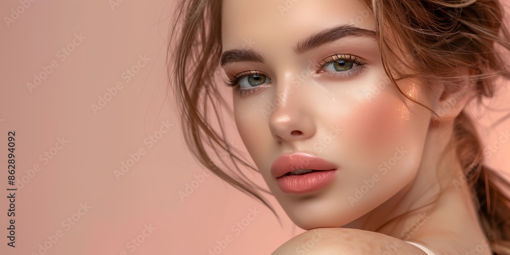 Fototapeta premium A woman with green eyes and a pinkish tint to her lips. She has her hair in a bun and is wearing makeup