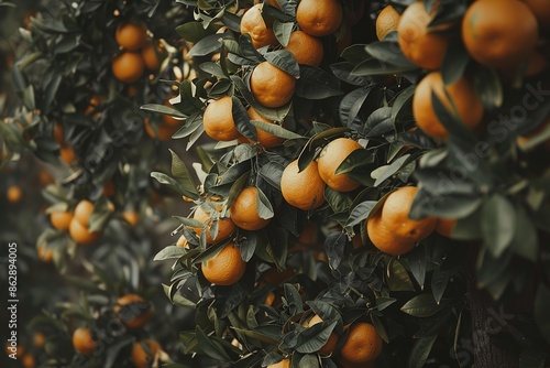 Bunch of fresh ripe oranges hanging on a tree in orange garden. Details of Spain photo