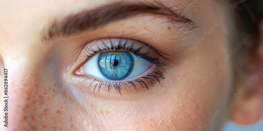 A woman with blue eyes and brown hair. The eyes are open and the reflection of the blue sky can be seen in them A woman with blue eyes and brown hair. The eyes are open and the reflection of the blue sky can be seen in them
