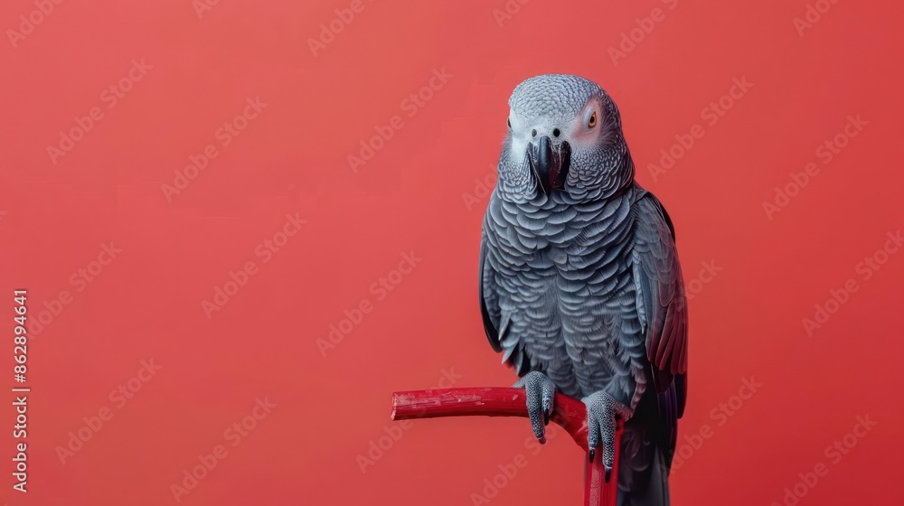 Obraz premium Portrait photography of African Grey Parrot bird catch standing on wood stick , studio shot isolated on single color background ,editorial style, shoot by DSLR .